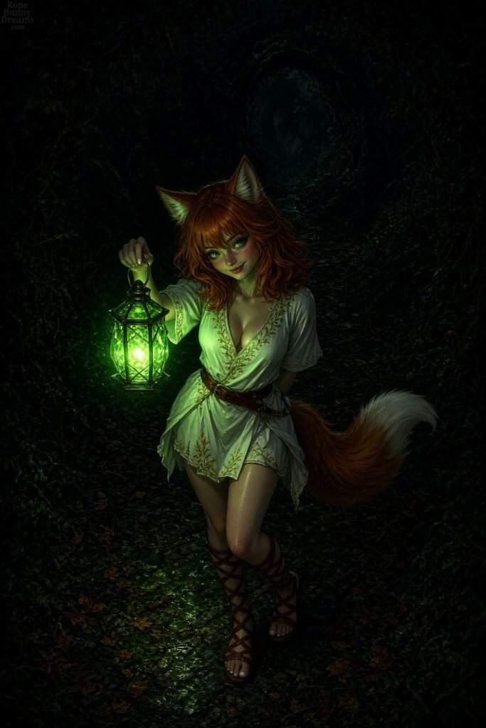 Cute ginger foxgirl standing with green lantern in dark woods, flirty look, silk tunic, sandals.