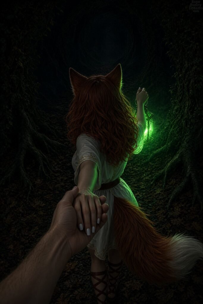 POV: Cute ginger foxgirl leading you through dark forest, silk tunic
