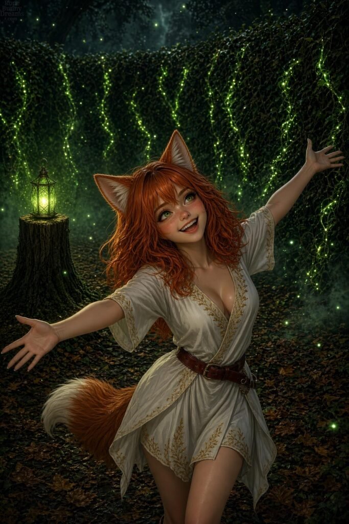 Cute ginger foxgirl happily presenting her hidden retreat in the woods, white silk tunic.