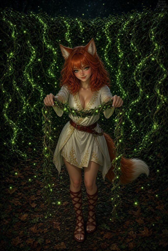 POV: Cute ginger foxgirl showing you glowing vines with a flirty look, white silk tunic, open-toe sandals.