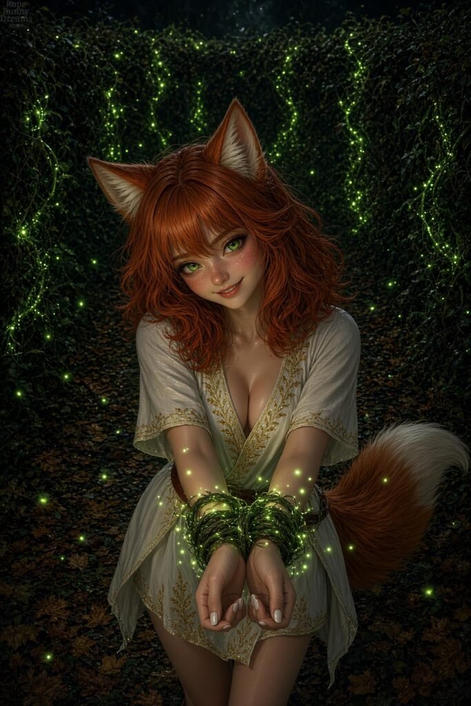 POV: Cute ginger foxgirl with wrists tied with glowing vines, white silk tunic, cleavage.