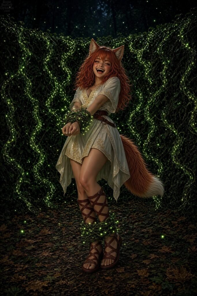 POV: Cute ginger foxgirl with wrists & ankles tied with glowing vines, laughing joyously.