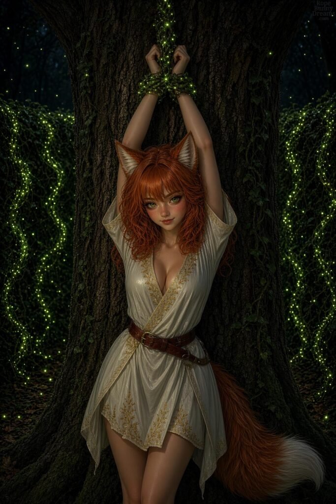 POV: Cute ginger foxgirl with wrists tied overhead, back against tree, flirty look.