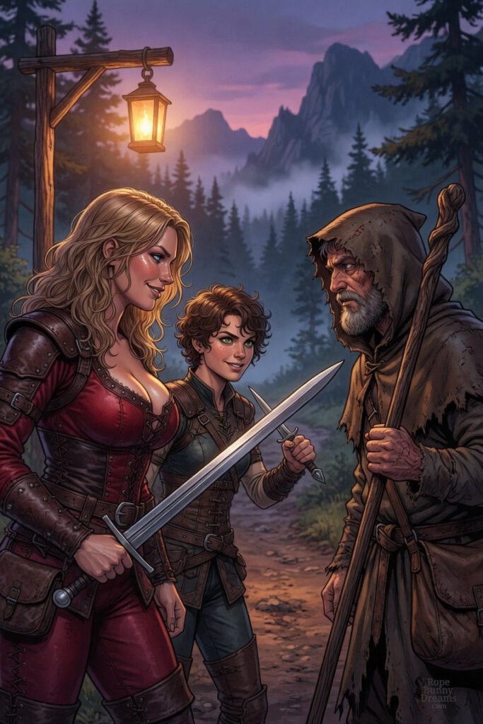Female bandits attempts to rob wandering druid.
