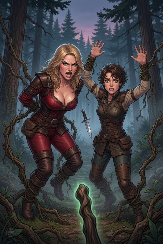 Female bandits bound by druid's roots.