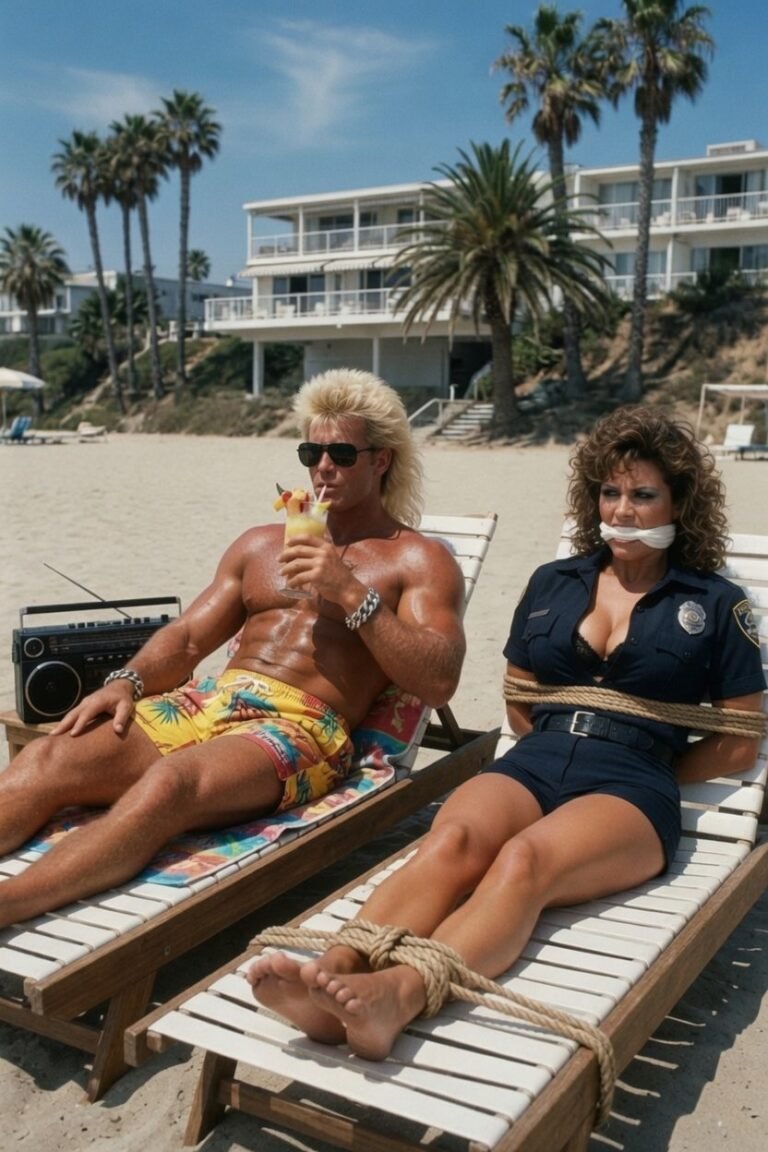 Blaze McTye on the beach with Officer Lane tied up and gagged next to him, enjoying the sun.