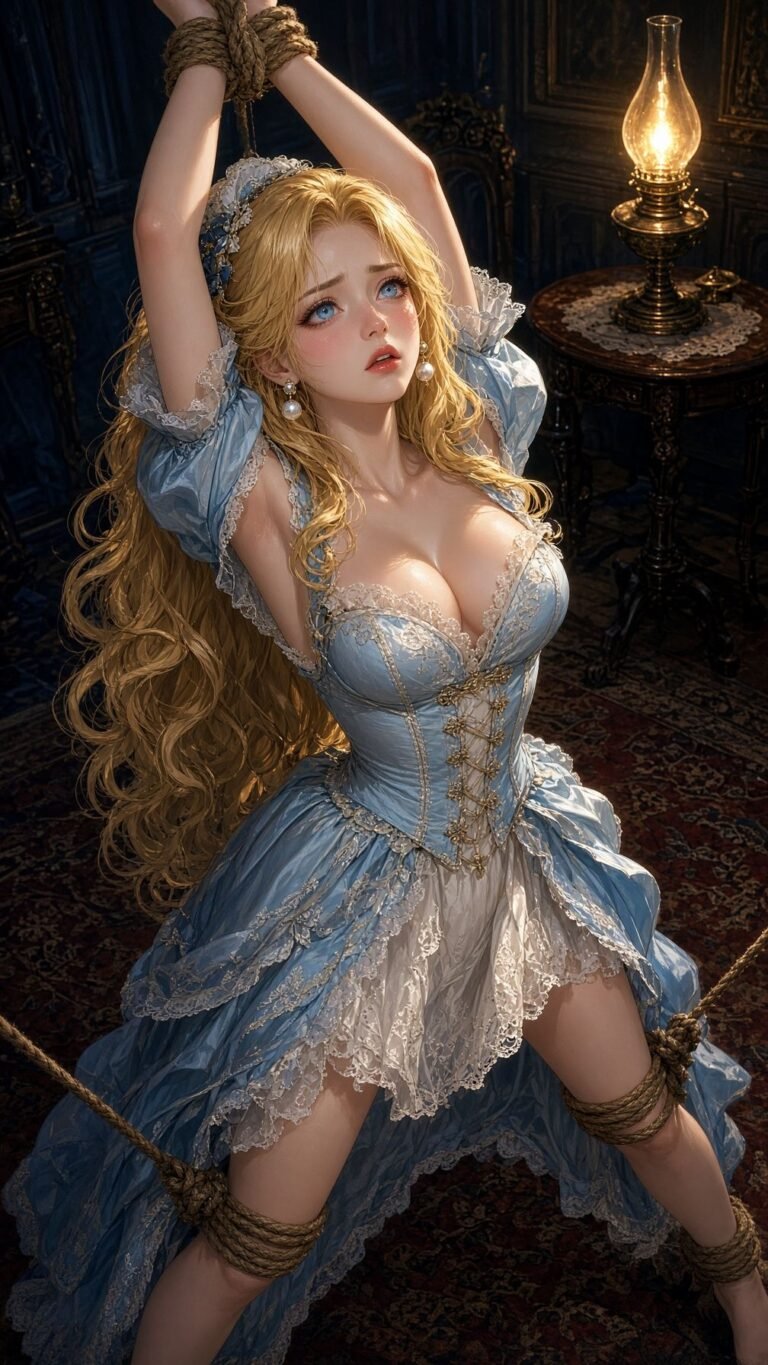 Blonde tied up in Victorian house. Blue dress, deep cleavage, semi-realistic anime style.