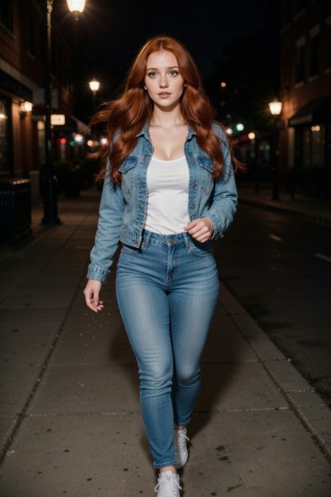 Beautiful redhead college girl walking down street at night. Jeans, white top.