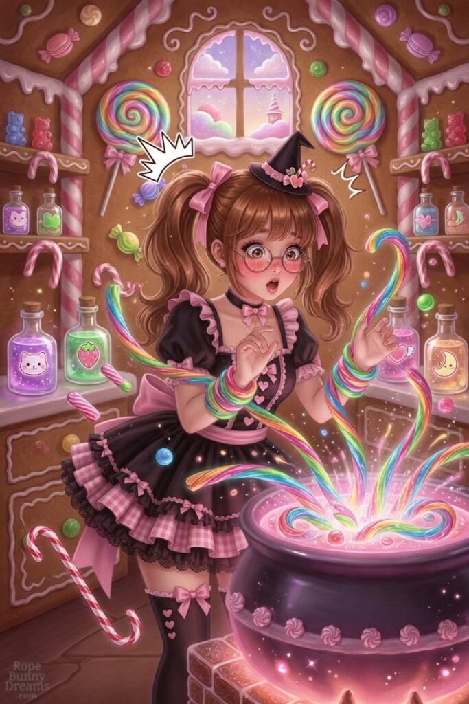 The magical candy bursts from the cauldron, wrapping around the candy witch.