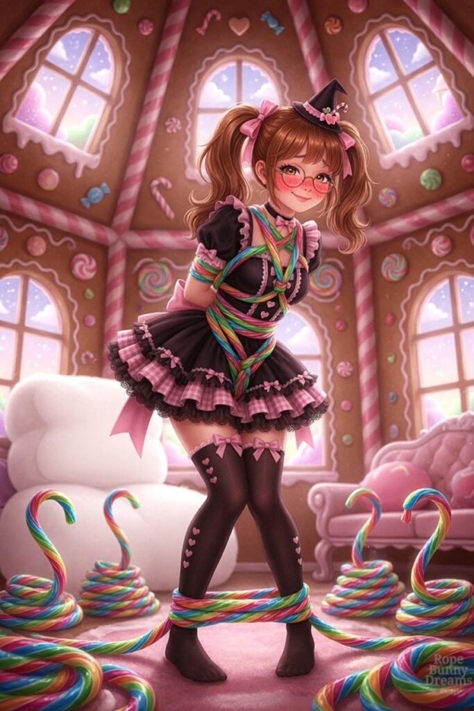 The candy witch is being bound by the candy rope, blushing with a slight smile.