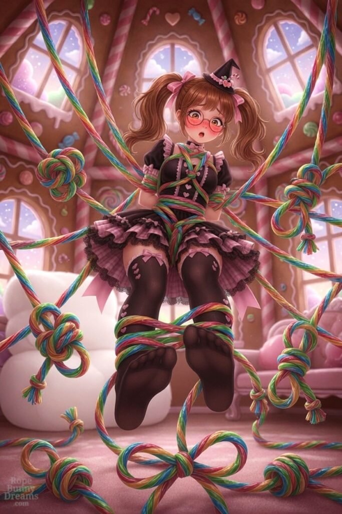 The candy witch is fully bound and suspended by the candy rope,
