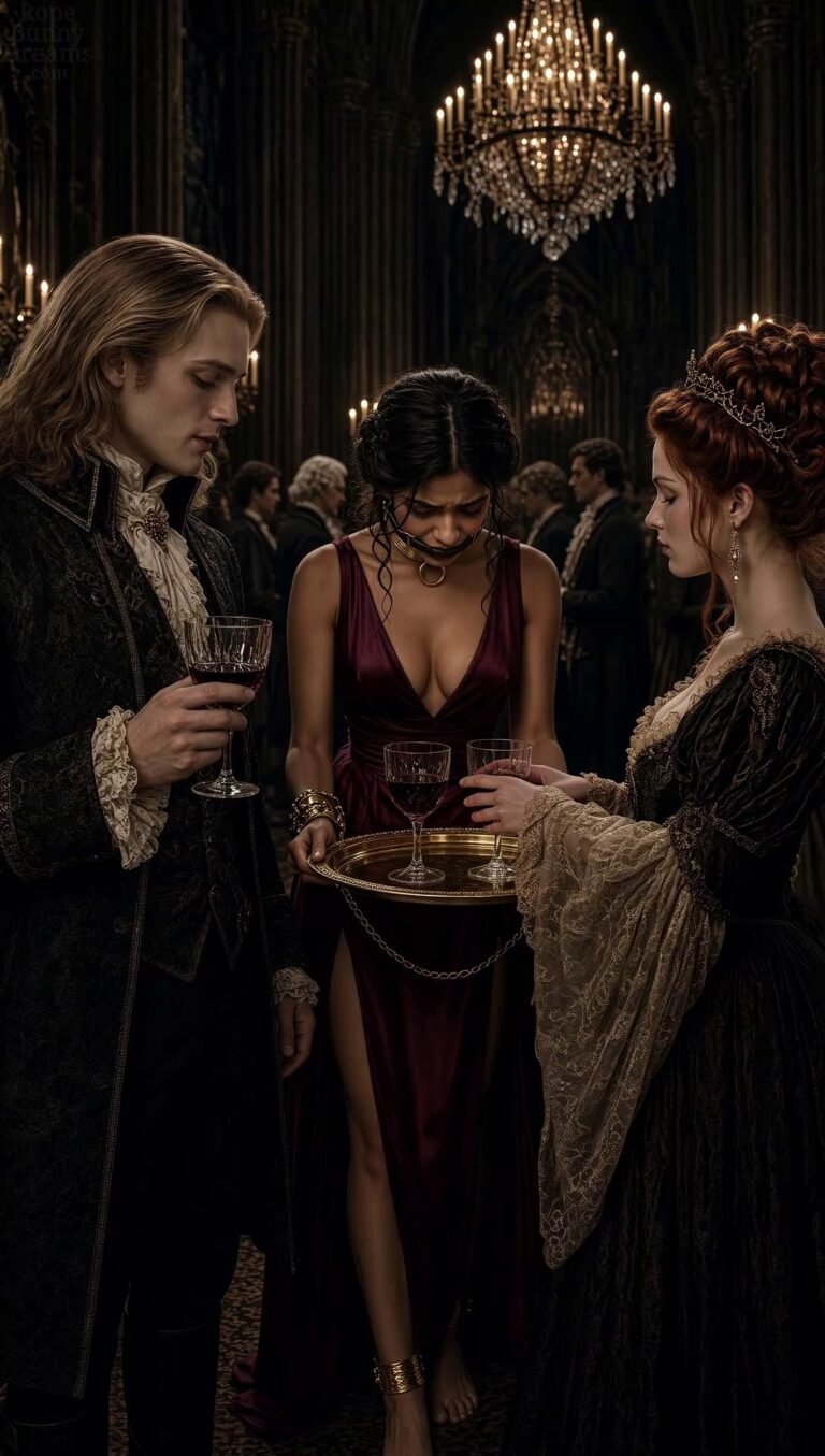 Two vampire elites stand in a grand castle room, gagged and chained human slave serves them.