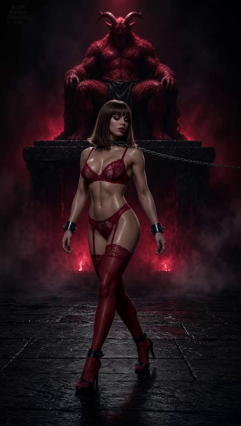 Fit, collared, brunette wearing red lingerie and heels, forced to dance for a demon-like horned beast.