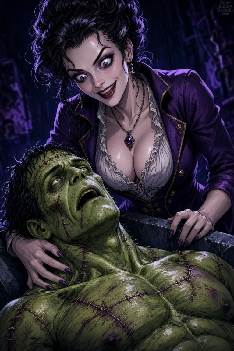 Attractive female Dr. Frankenstein delighted at seeing her monster come to life. Stylized comic book style.