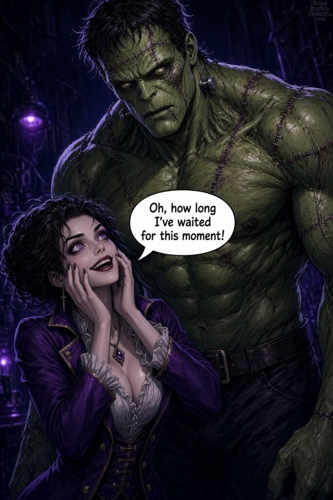 Attractive female Dr. Frankenstein delighted at seeing her monster alive. Stylized comic book style.