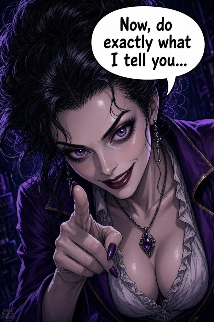 High angle view of attractive female Dr. Frankenstein pointing at viewer, mischievous smile, raised finger.