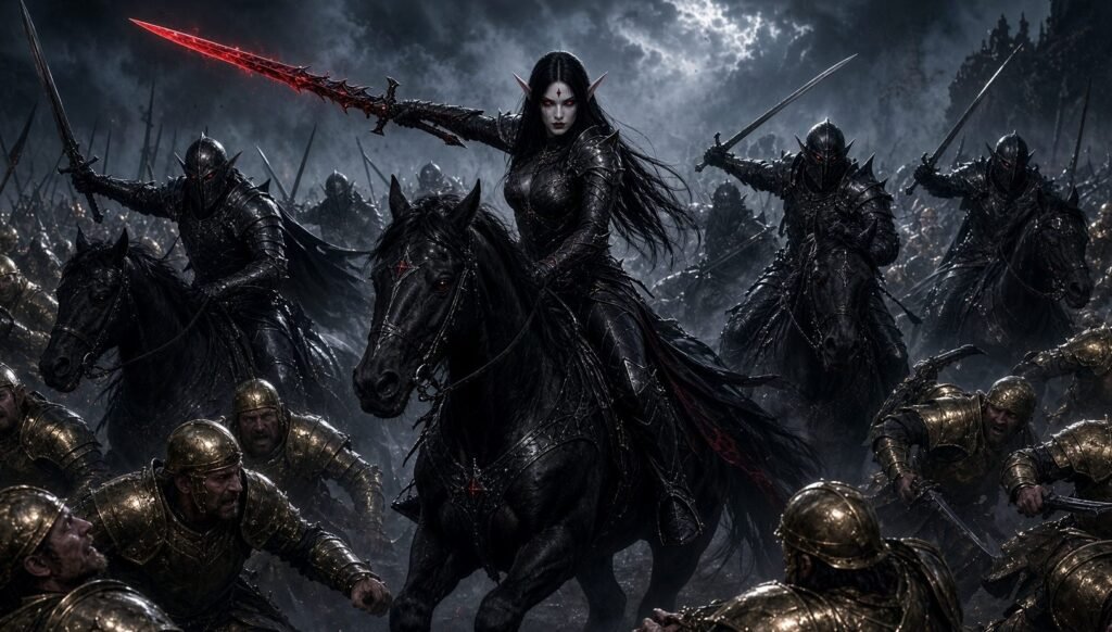 Elyndra the Dark Elf in the middle of battle against mercenary army, knights by her side.