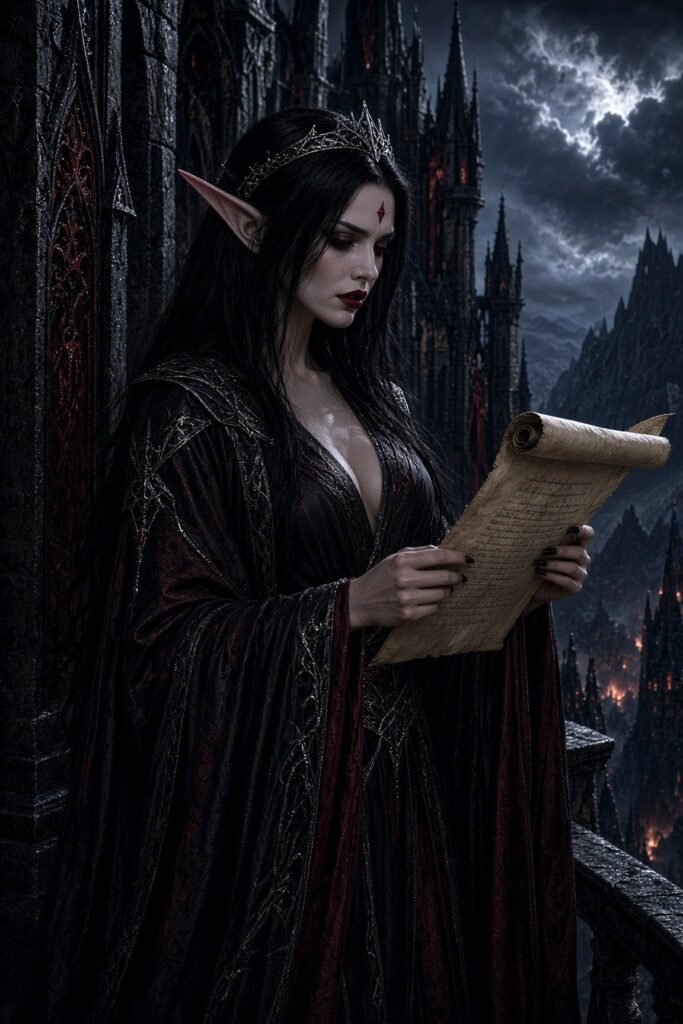 Elyndra, Dark Elf High Sorceress, reading parchment with concern. Keep tower. Dark mountains.