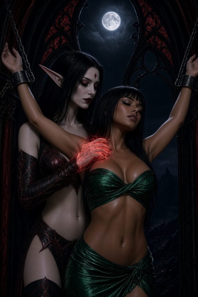 Elyndra tracing her fingers over Veyra's collarbone with gentle red magic. Midriffs, cleavage, chains, moonlight.