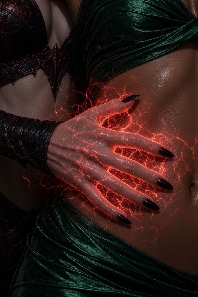 Elyndra's hand holding Veyra's waist while using gentle sensual magic.