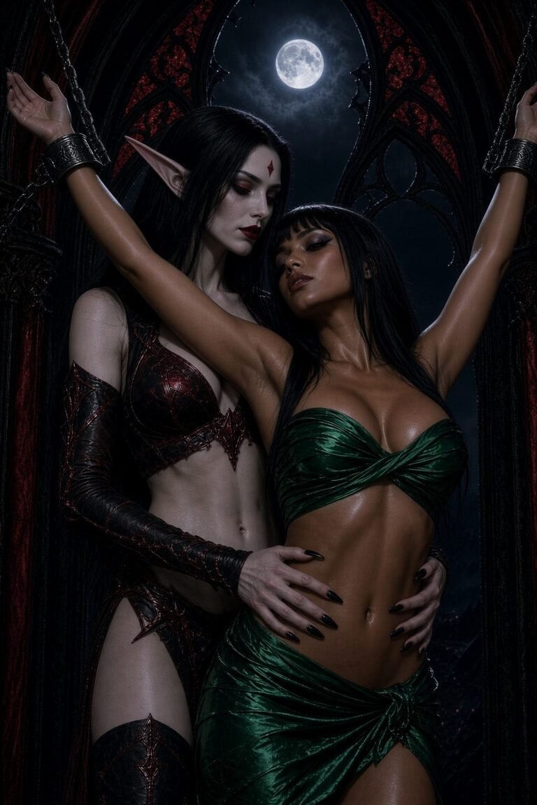 Elyndra the Dark Elf Sorceress holding her chained captive Princess Veyra. Midriffs, cleavage, silk, moonlight.