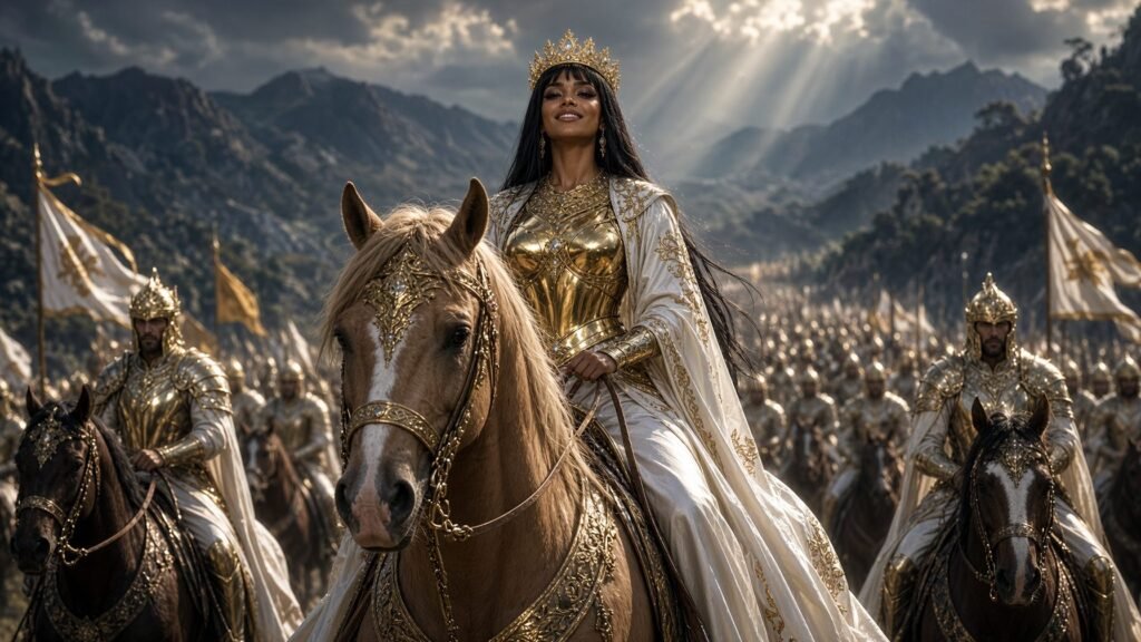 Veyra the Trade Princess overly proud and confident on her adorned horse, honor guard at her sides.