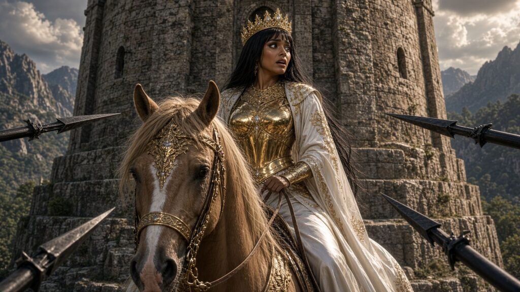 Veyra the Trade Princess ambushed by Dark Elf spears in front of watchtower.