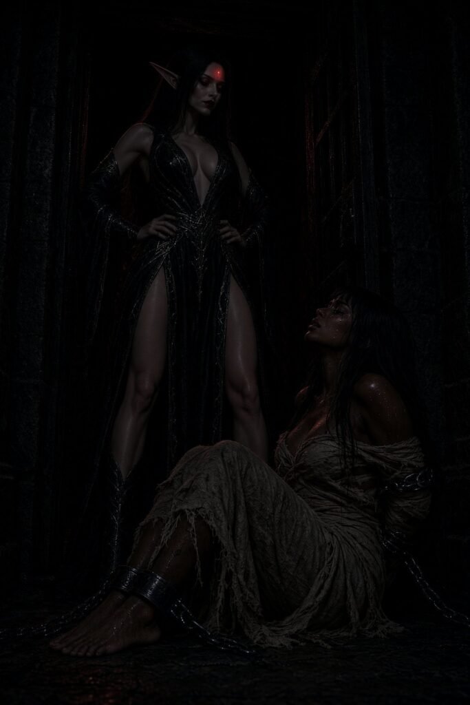 Elyndra stands over a chained Veyra wearing only tattered linen in the dark dungeon.