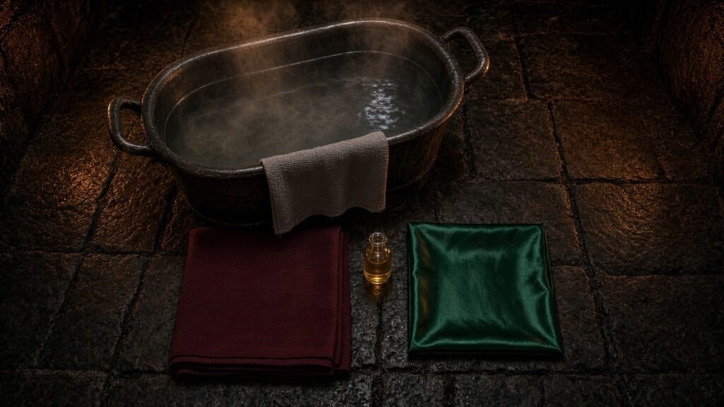Warm water, towel, oil, and silk on the stone floor of the Dark Elf dungeon.