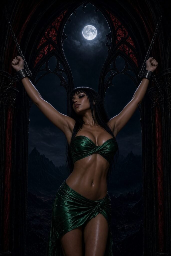 Veyra chained in Elyndra's chambers under moonlight. Emerald silk cloth around breasts and hips.