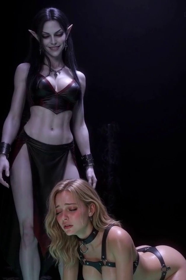 Dark elf sorceress Elyndra looks down on her blonde human slave Maria with a sadistic aroused smile.