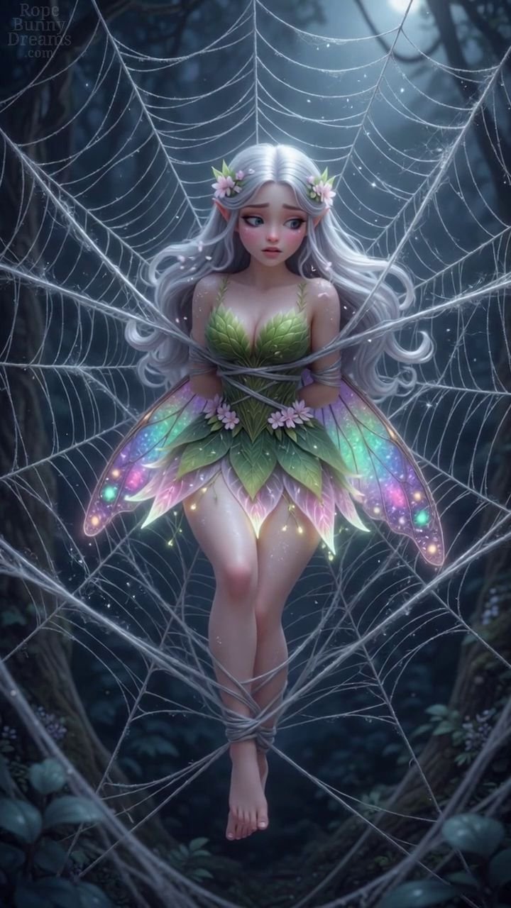 Stylized cute fairy caught in spiders web, arms,, legs and torso bound.