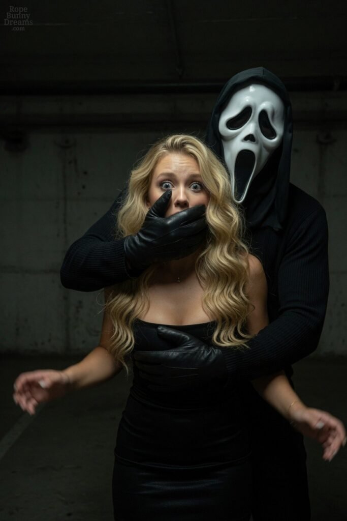 Beautiful blonde grabbed from behind by tall masked man,