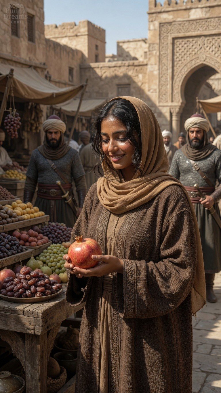 Beautiful middle-eastern woman, food market, Sultan's guards approaching.