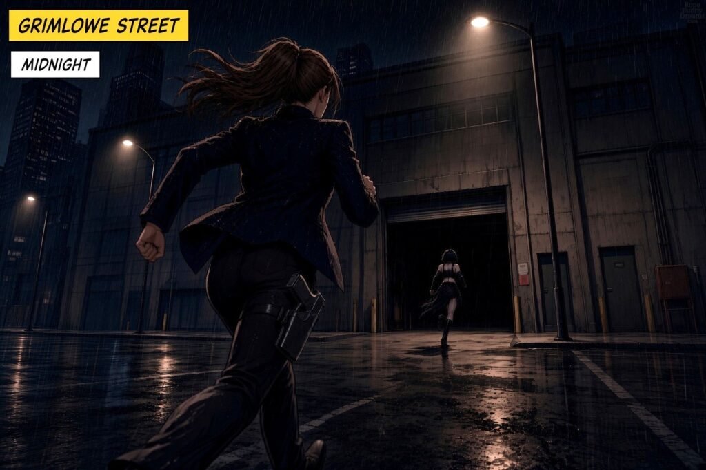 Female investigator runs after prime suspect heading into huge warehouse at midnight.