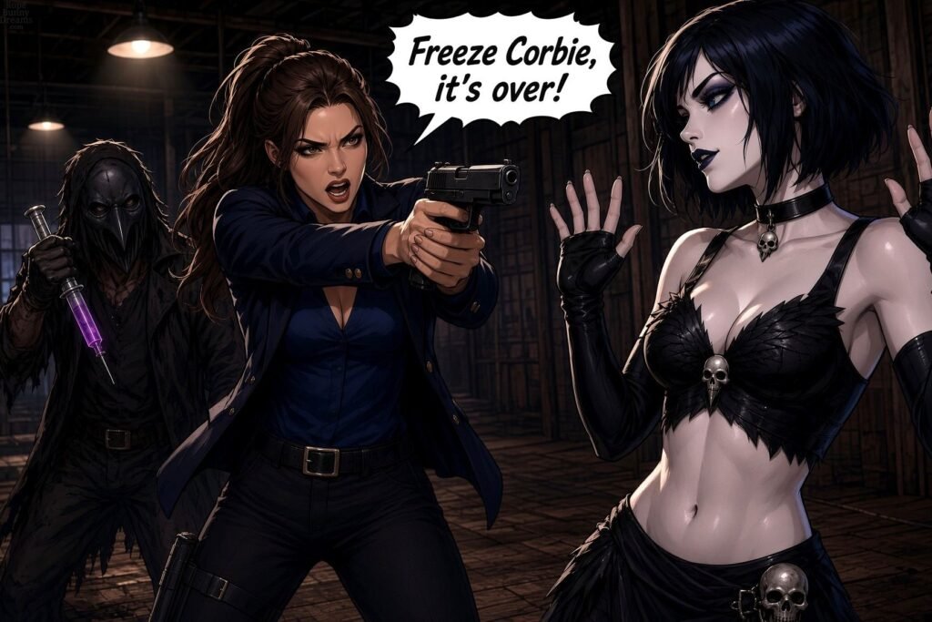 Investigator Rossi draws gun on Corbie. Corbie's masked henchman behind with giant syringe.