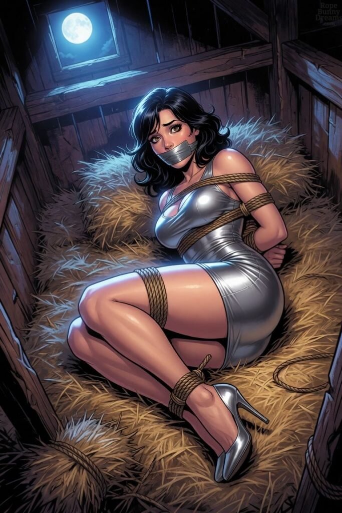 Young Italian woman lying tied up and tape gagged in barn. Short, tight, silver dress.