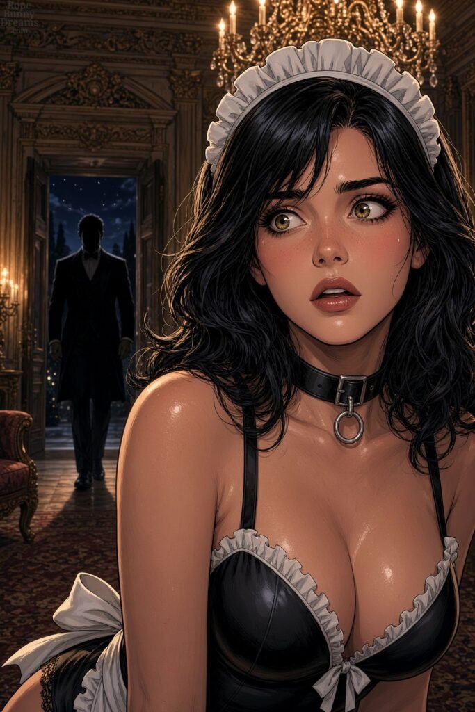 Hot Italian maid in skimpy outfit, reacting to her Master entering the mansion.