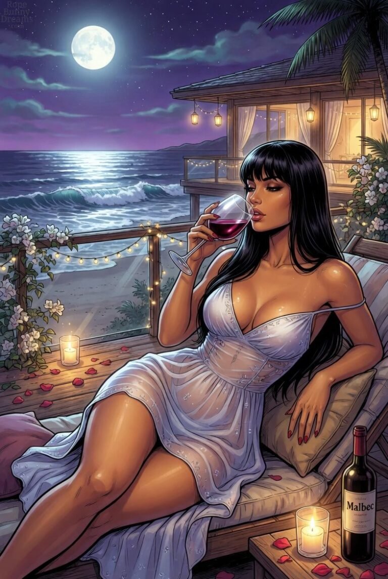 Gorgeous stylized Latina in sheet dress lounging at beach.