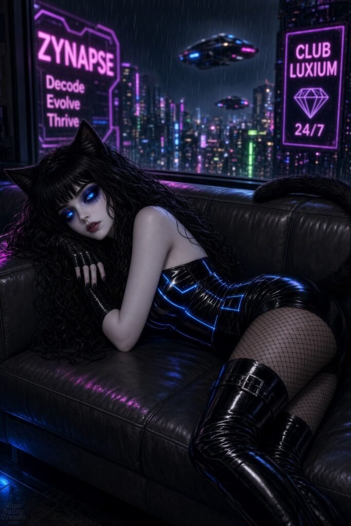 Hot goth cat girl awakens on couch, cyberpunk future.