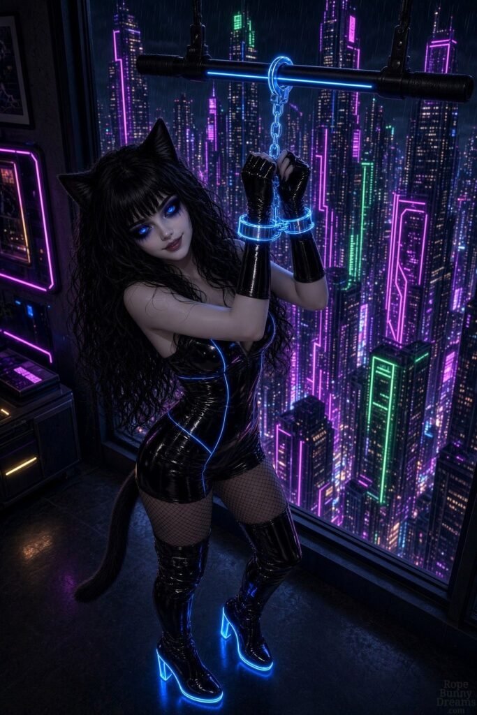 Hot goth cat girl handcuffed in highrise apartment, cyberpunk city.