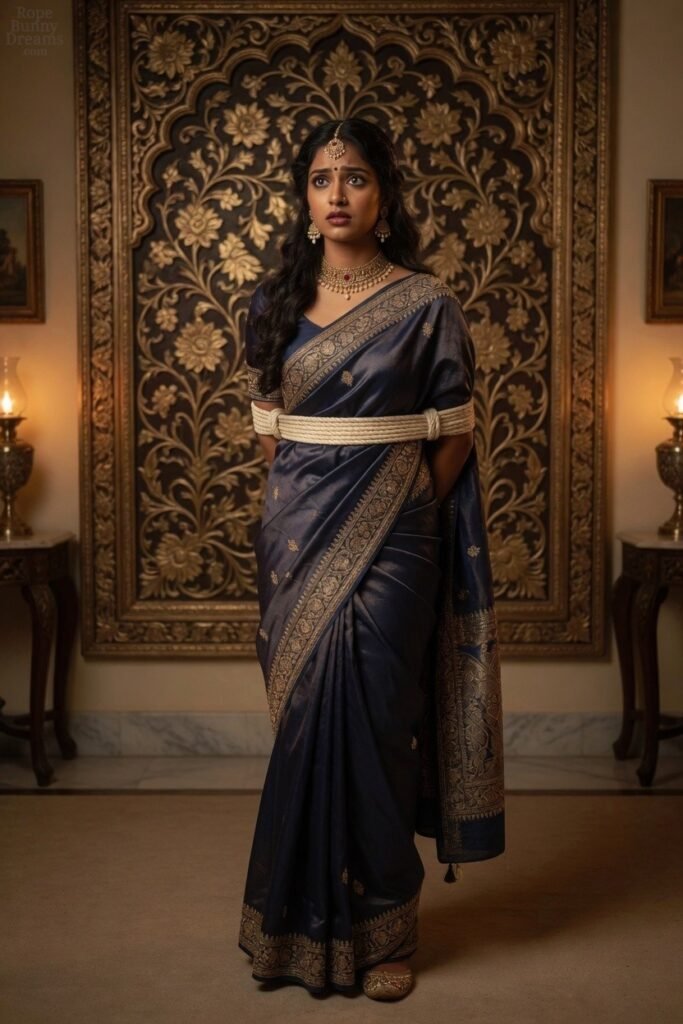 Young Indian woman wearing saree and jewelry, bound with rope.
