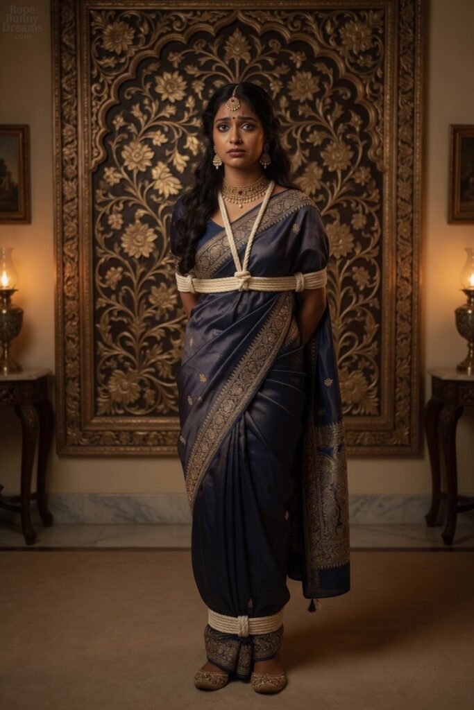 Young Indian woman wearing saree and jewelry, bound with more rope.