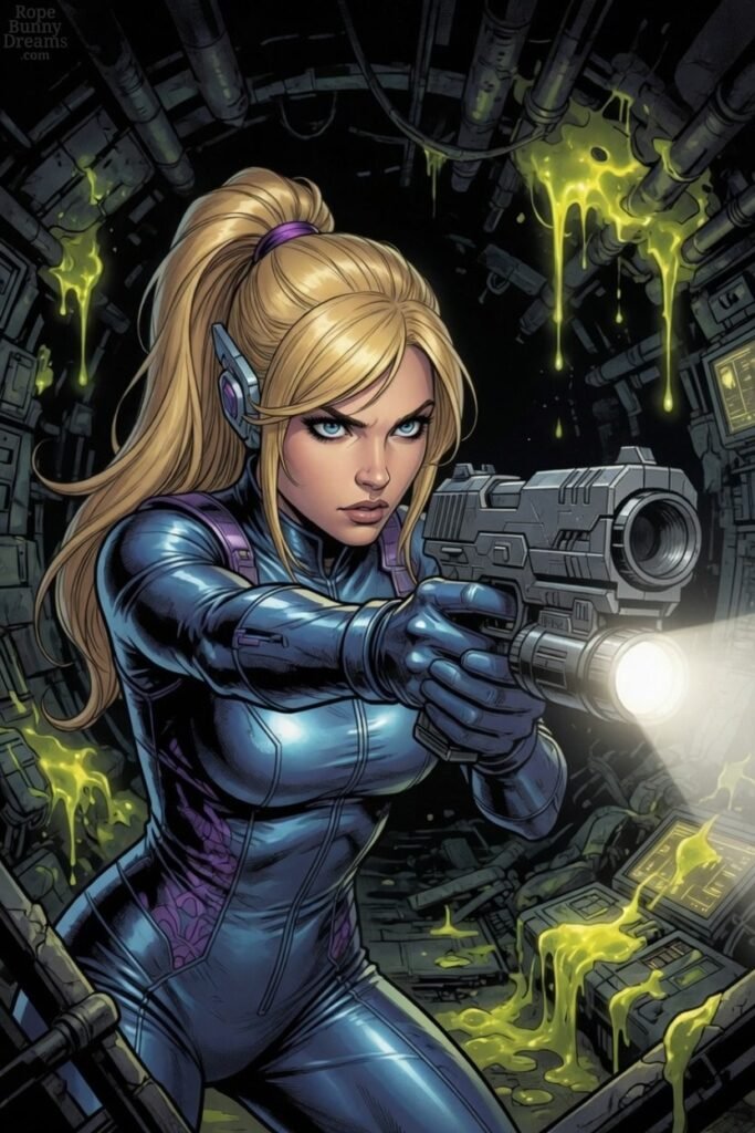 Beautiful blonde walking through futuristic shipwreck, gun drawn.