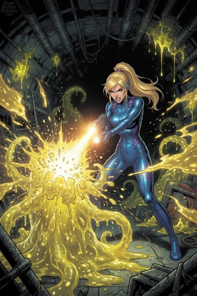 Beautiful blonde shooting tentacle creature in futuristic shipwreck.