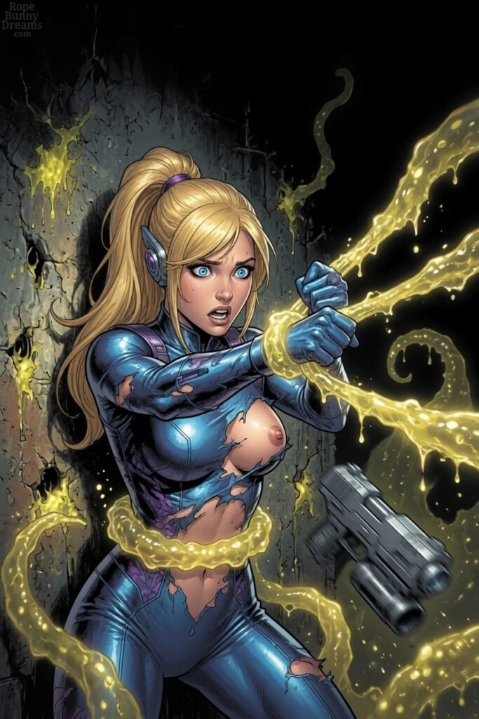 Beautiful blonde grabbed by slimy golden tentacles.