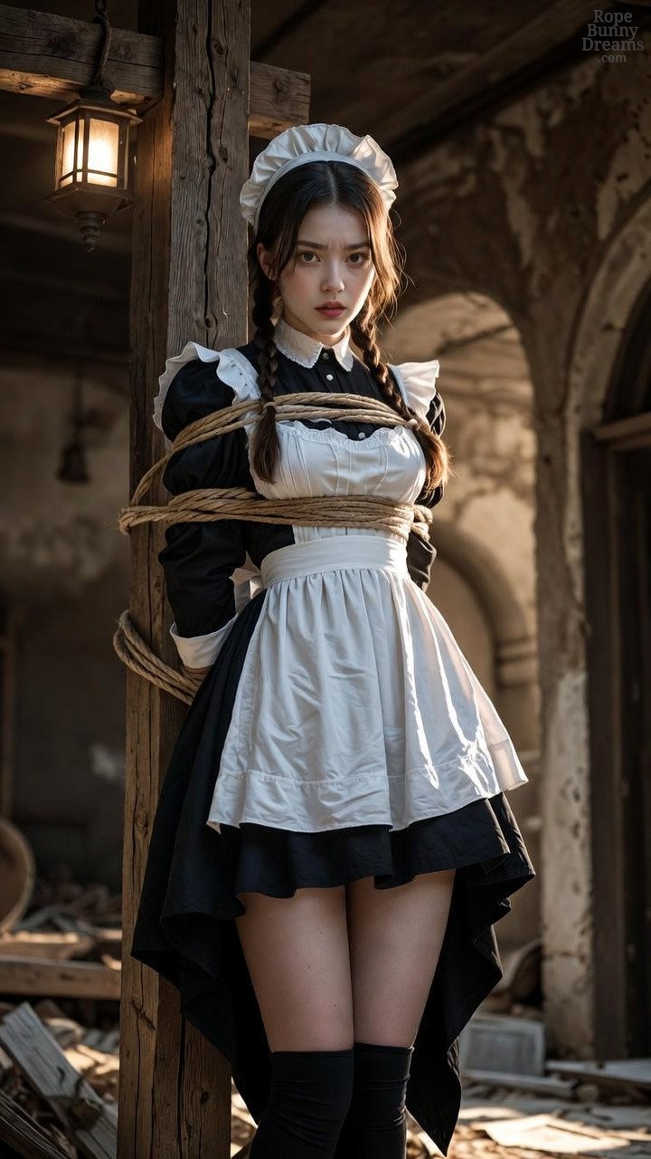 A young Asian maid stands bound to a wooden post.