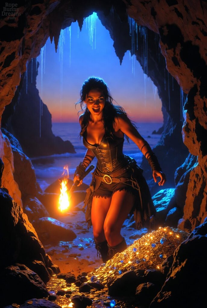 Female sailor ecstatic to find treasure in a cave on a remote island.