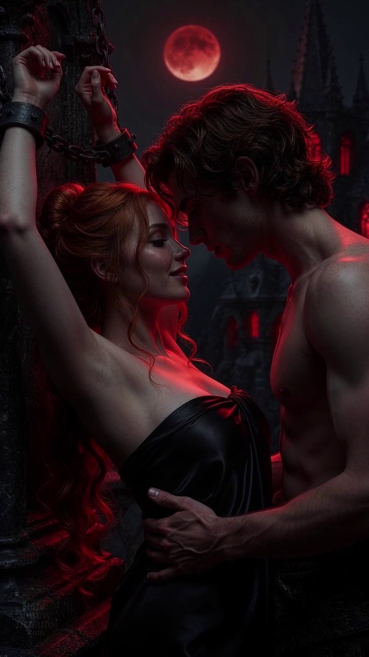Beautiful redhead with her handsome vampire lover. Consensual bondage. Castle rooftop, blood moon.
