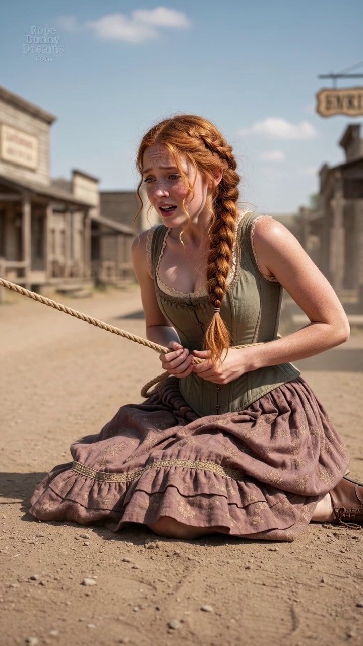 Young redhead caught by outlaw's lasso. Wild west damsel in distress (DiD) scene.